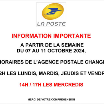 Changement d’horaires de l’agence postale